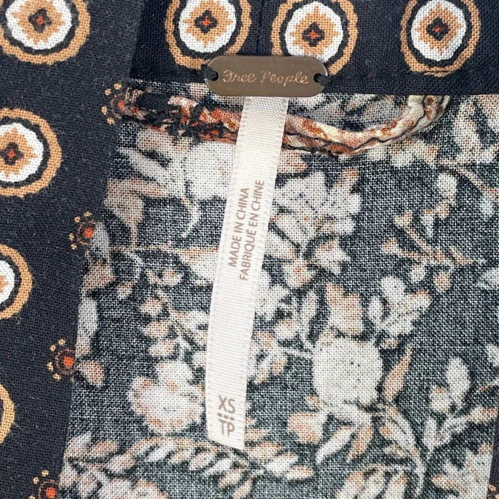 Free People‎ Womens XS Mixed Floral Geometric Kimono Cardigan Black Brown Boho